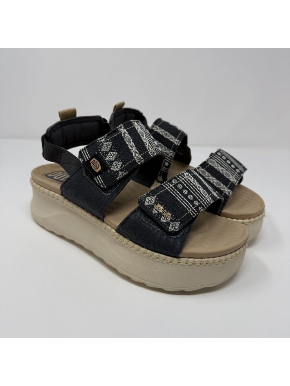 Hey Dude Delray Whipstitch Platform Sandals Black White Baja Womens 9 EUC